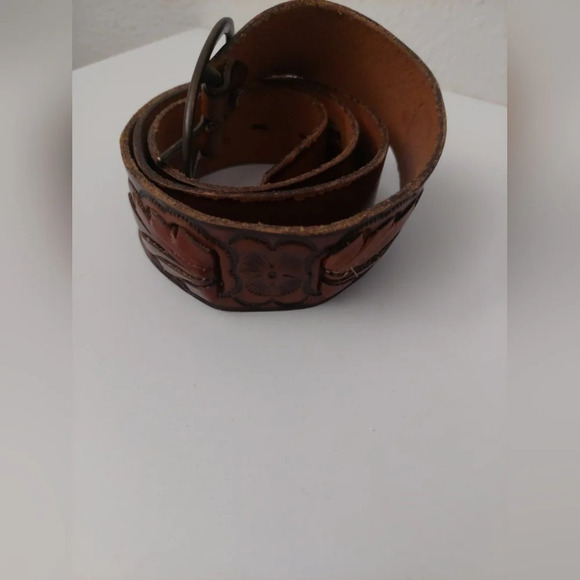 TexTan Vintage Tooled Leather 36 inch mems belt & buckle Cognac brown - Picture 2 of 10